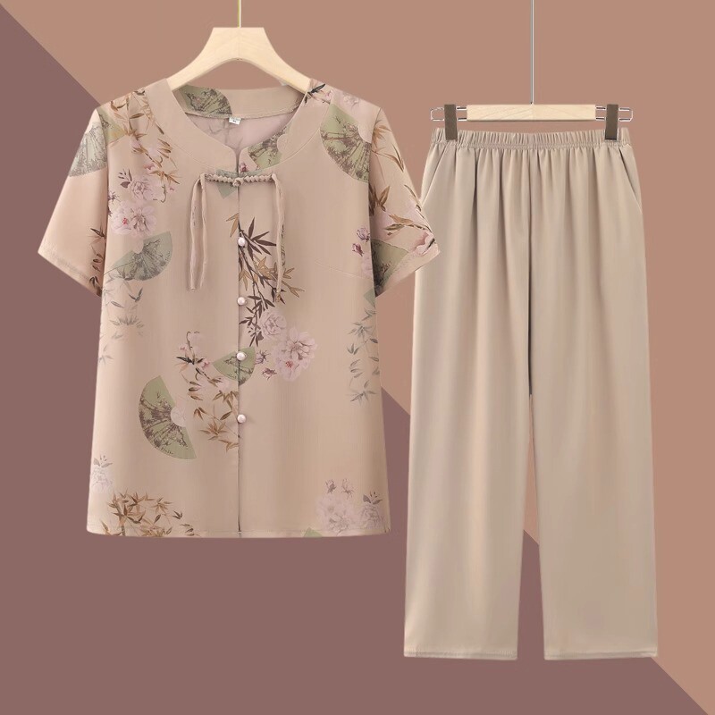 显瘦奶奶夏装妈妈新款套装中老年人衣服女冰丝短袖两件套607080