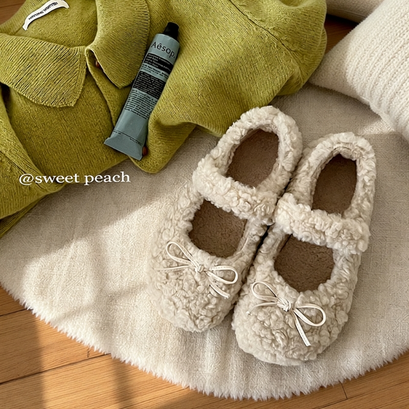 甜桃星球蝴蝶结加绒毛毛鞋女冬外穿2025新款保暖玛丽珍棉鞋子毛绒