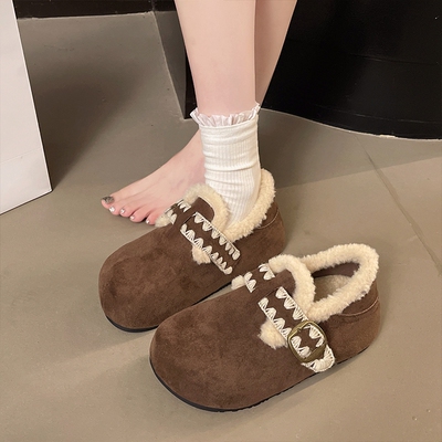 大码女鞋41到43勃肯鞋加绒厚底复古毛毛鞋2025新款冬保暖低帮棉鞋
