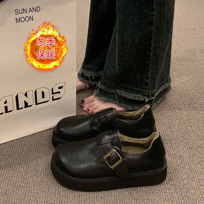 真皮全包乐福鞋女冬季一脚蹬加绒鞋子女保暖二棉鞋孕妇黑色豆豆鞋