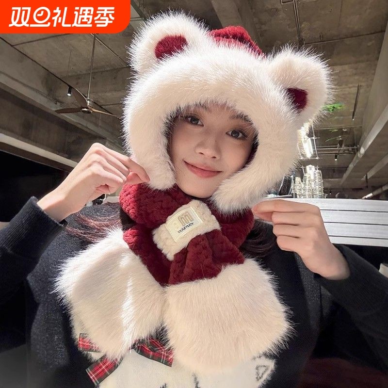 冬天帽子围巾一体女冬季加厚保暖护耳帽防寒防风可爱小熊帽红色