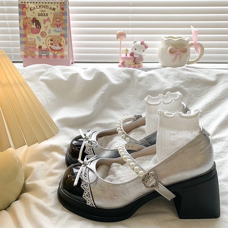 法式珍珠蝴蝶结粗跟玛丽珍单鞋女2025夏季新款不累脚高跟鞋小皮鞋