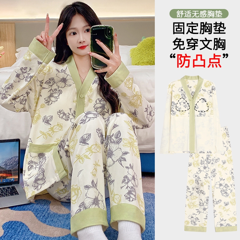 秋冬开衫睡衣女纯棉自带胸垫