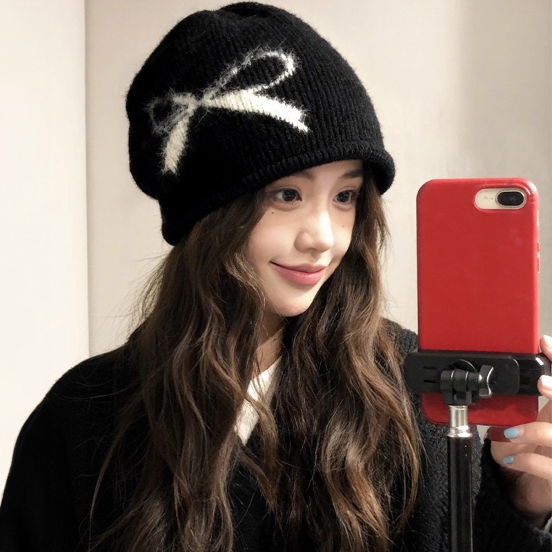 蝴蝶结黑色堆堆帽女秋冬保暖针织冷帽复古大头围显脸小包头帽氛围