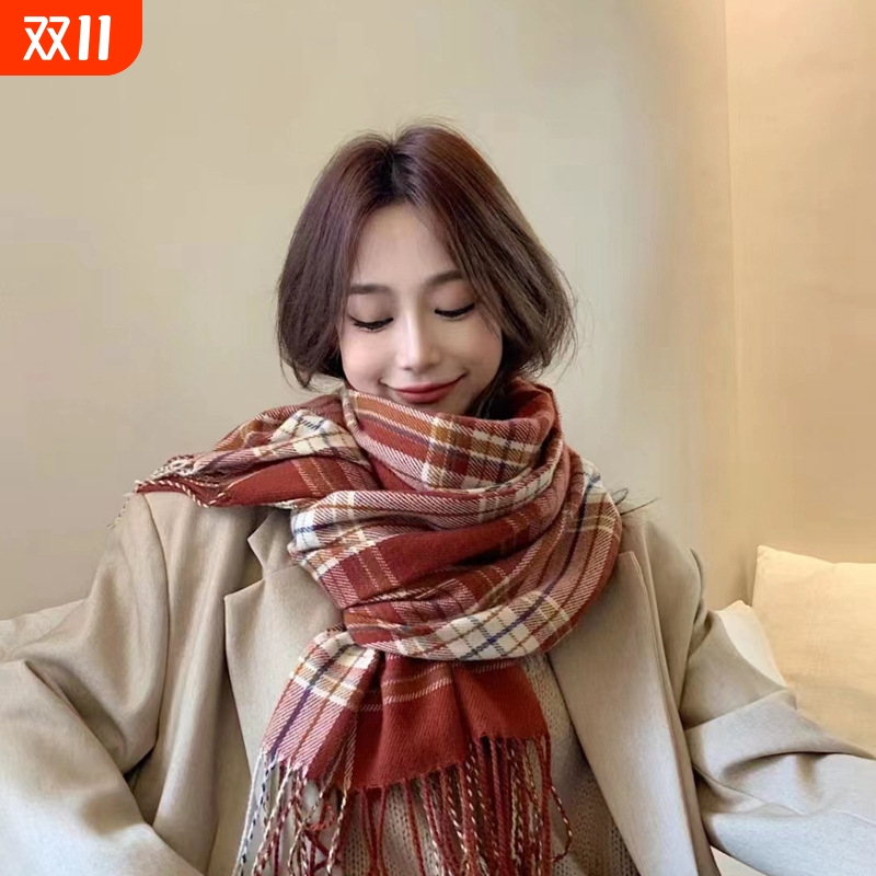 气氛感红色格子围巾女韩版学生冬季复古流苏仿羊绒围脖披肩潮流