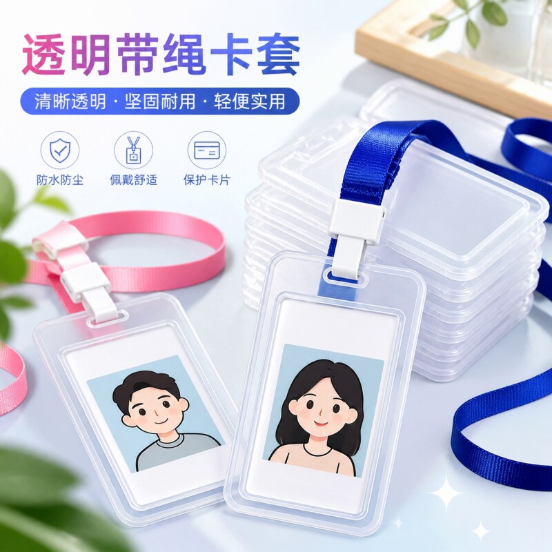 超透明带绳加厚硬壳卡套双面防水装身份证工作证学生证饭卡门禁卡公交卡保护套防丢防刮耐磨防折防尘便携实用图片