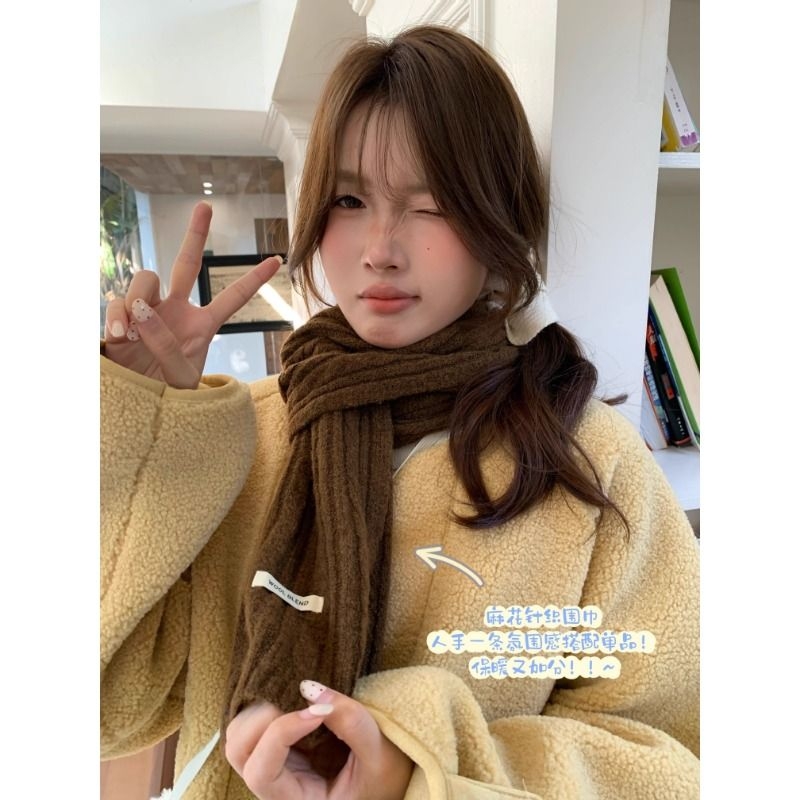 PPHOME~麻花围巾含羊毛针PP~针织围灰色红色绿色姜黄色深灰色蓝色