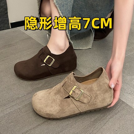 小个子内增高7CM~勃肯鞋真皮2025年新款一脚蹬豆豆鞋单鞋鞋子灰色