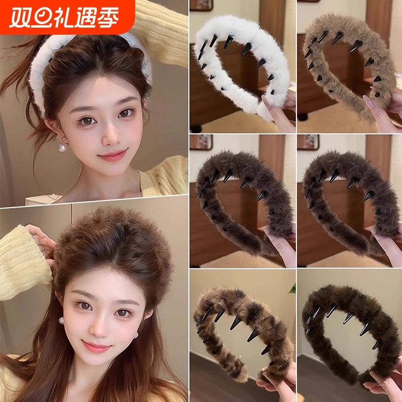 毛绒豹纹发箍女款洗脸头箍女高级感洋气时尚发卡显脸小高颅顶神器