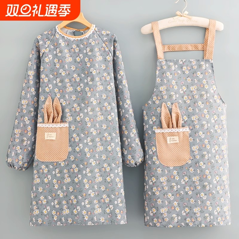 韩版长袖帆布围裙女家用厨房做饭罩衣防污透气餐饮工作服大人围腰