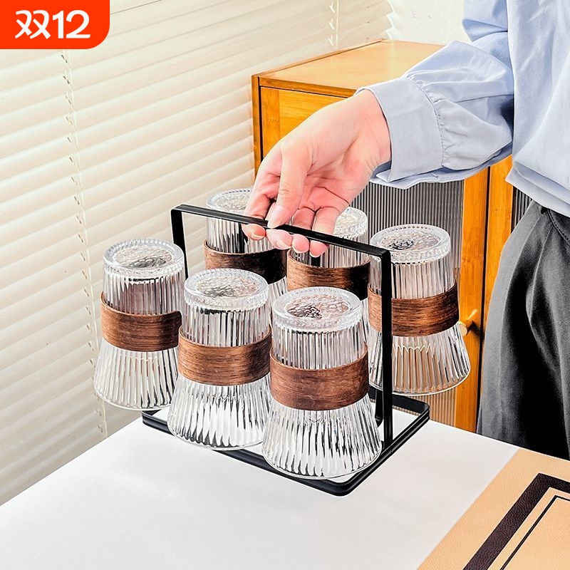 中式竖条纹玻璃杯防烫隔热家用客厅待客茶杯套装咖啡果汁喝水杯子