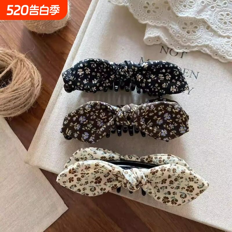 法式碎花早春蝴蝶结香蕉夹高马尾丸子头盘发气质蓬松显发量发饰