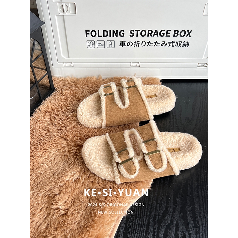 勃肯毛毛拖鞋女款外穿2025年秋冬新款加绒毛茸茸厚底棉拖毛绒黑色