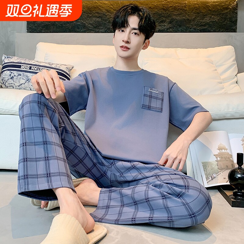 帕兰朵夏季短袖长裤纯棉2025新款睡衣男款夏天大码套装家居服男士