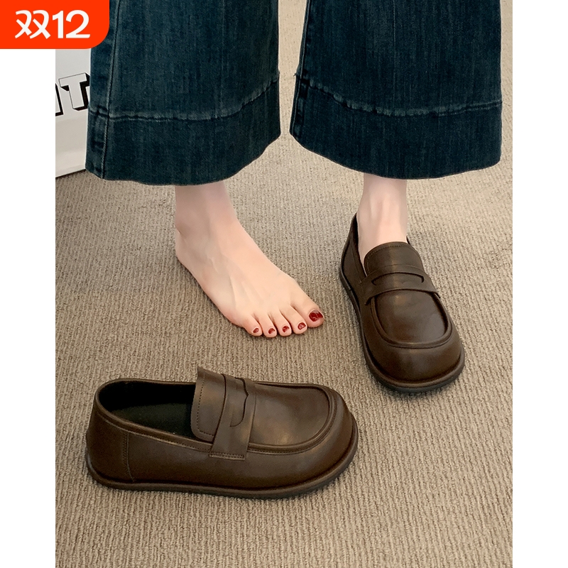 真皮法式平底英伦风小皮鞋女鞋2025新款秋季一脚蹬黑色复古乐福鞋
