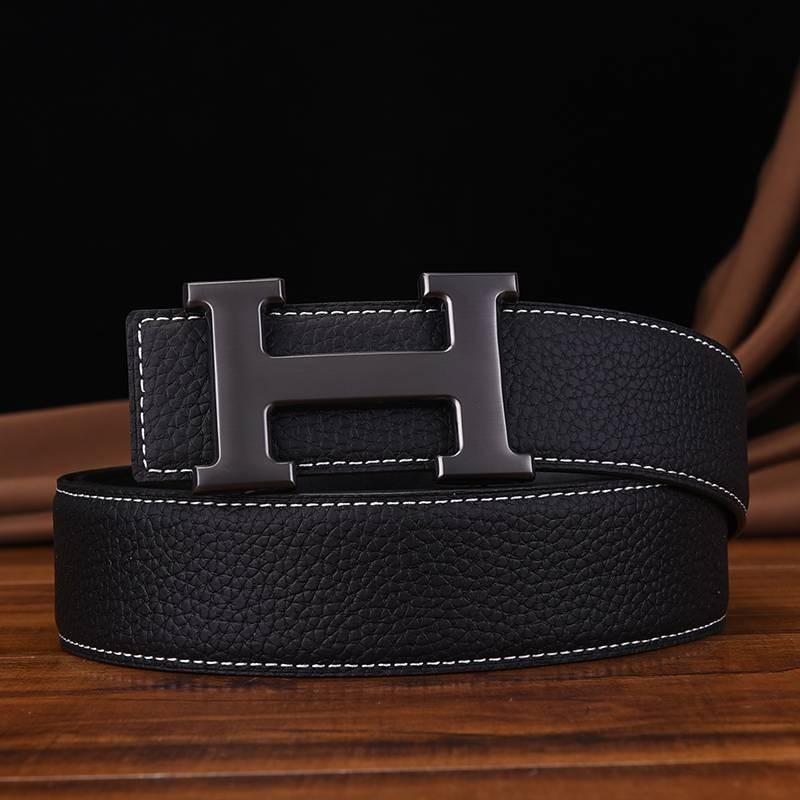 爱马男仕真皮男士字母商务高端皮带平滑扣牛皮中青年年轻人铜扣奢