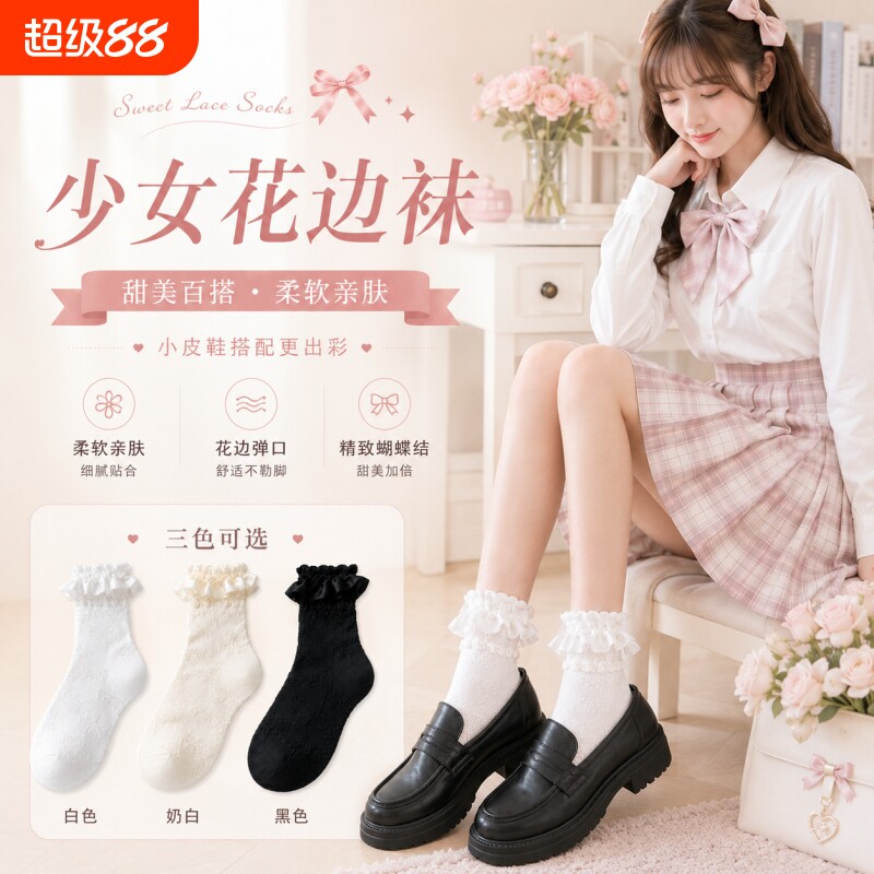 洛丽塔白色蕾丝花边公主袜搭配玛丽珍小皮鞋袜子女夏季薄款运动袜图片