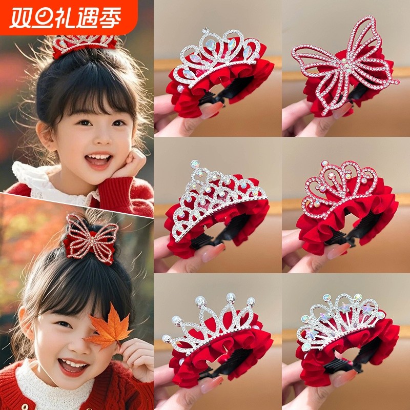 儿童新年皇冠头饰发夹女童丸子头马尾扣发卡红色喜庆女孩过年发饰