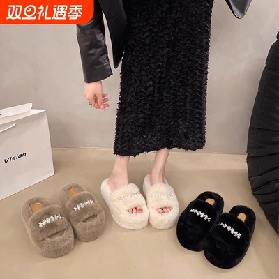 厚底秋冬拖鞋女网红2025新款毛毛外穿水钻一字带增高居家棉拖鞋子