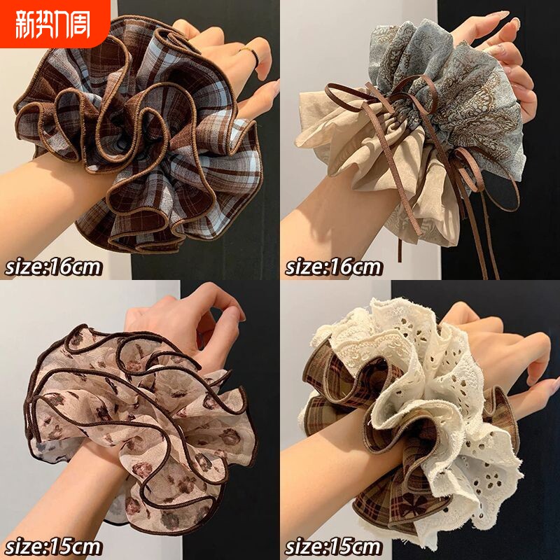 韩系蕾丝大肠发圈女慵懒风丸子头超大号发绳头饰潮蝴蝶结四层雪纺
