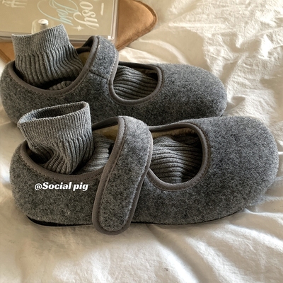 灰灰的~很温柔高级！毛毛鞋女外穿秋冬保暖平底玛丽珍加绒棉单鞋