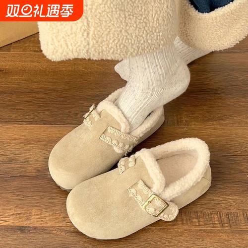 白色加绒加厚保暖平底棉鞋女2025新款冬季一脚蹬软底勃肯鞋子高跟