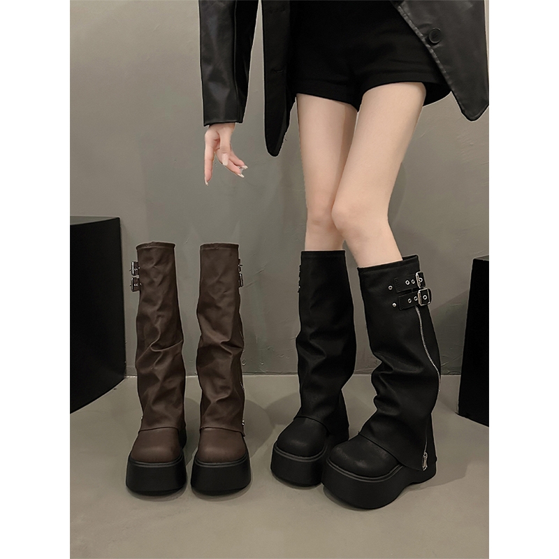 长筒靴女厚底增高2025春秋新款堆堆裤管靴小个子高筒长靴黑色鞋子