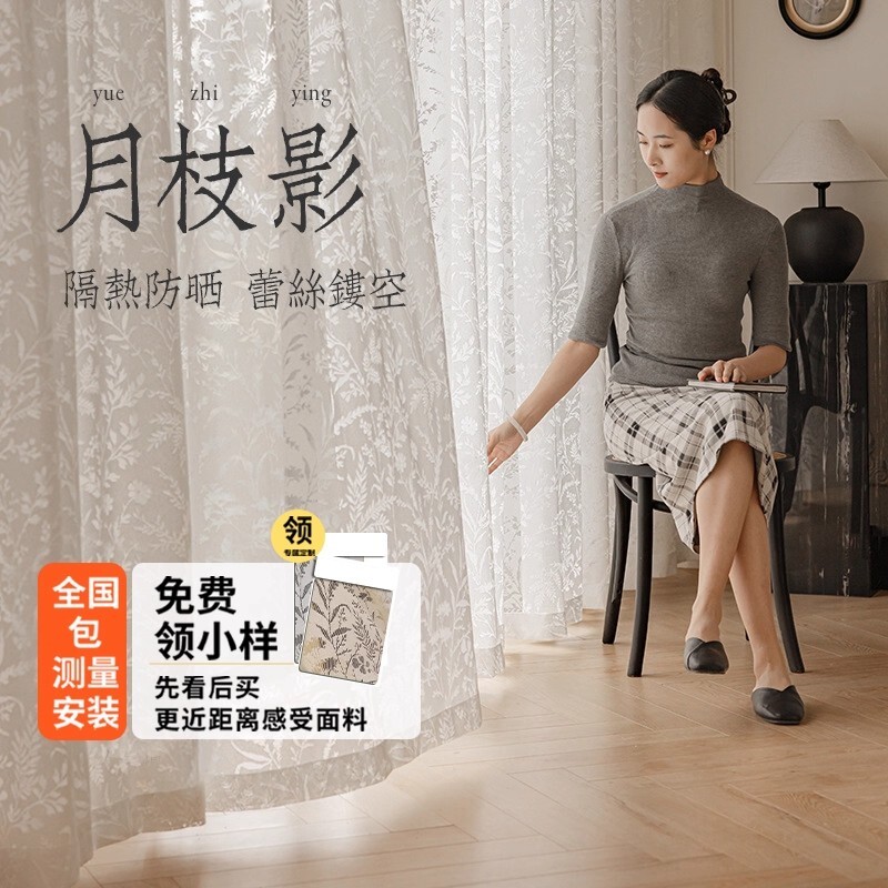 2025新款月枝影纱帘法式窗帘遮光卧室少女高级感透光不透人客厅纱