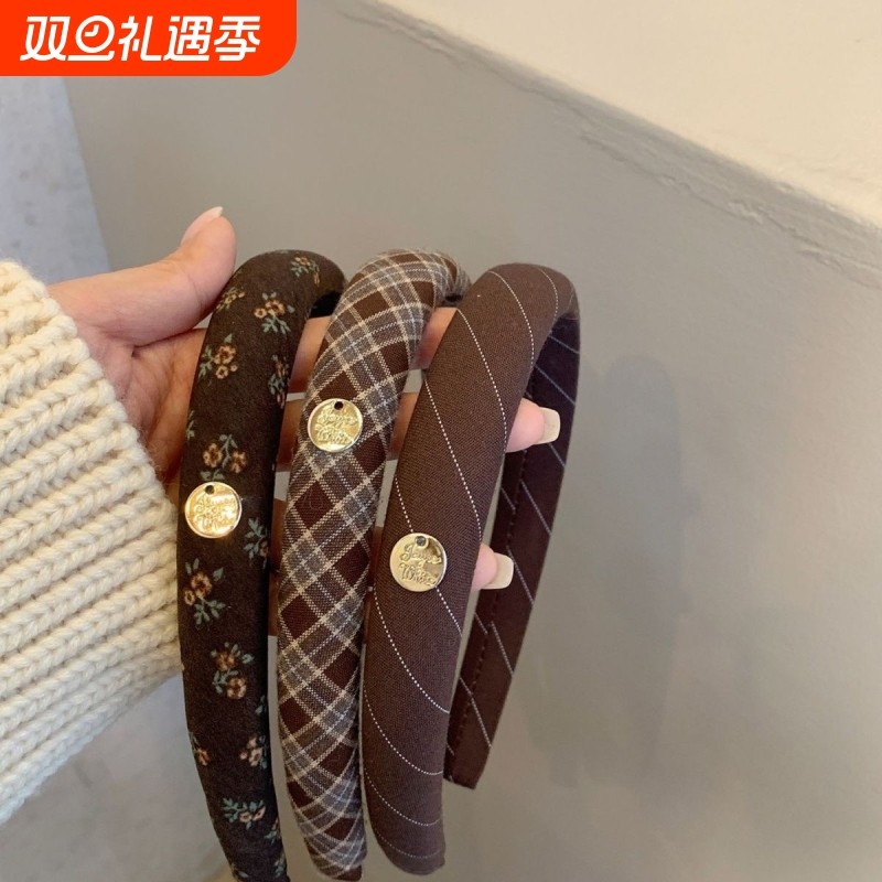 学院风窄边咖格纹发捆发箍高级感洗脸压发发卡头箍发窟发饰条纹