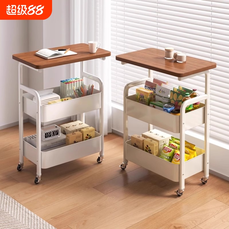 奶油简约收纳卧室客厅浴室夹缝落地可移动零食储物架两层小推车