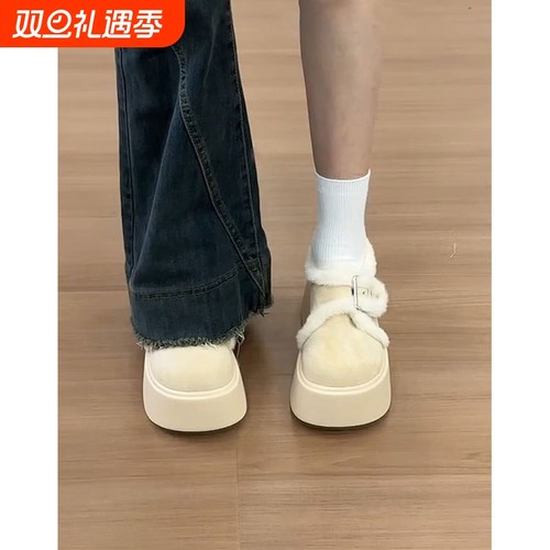 加绒厚底勃肯棉鞋女冬季2025新款保暖毛毛鞋子雪地靴防水高跟白色