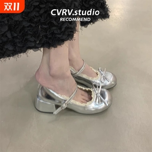 配裙子粗跟jk玛丽珍小皮鞋 法式 新款 女2025夏季 蕾丝花边银色高跟鞋