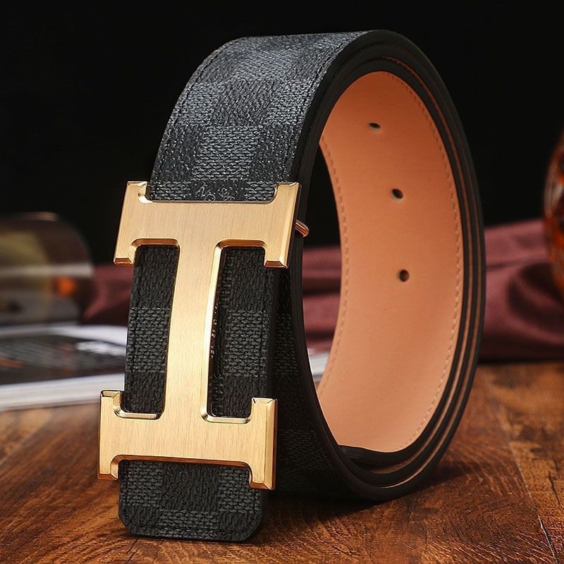 爱马男仕真皮腰带男纯牛皮平滑扣合金打孔H字母格纹商务高档裤带