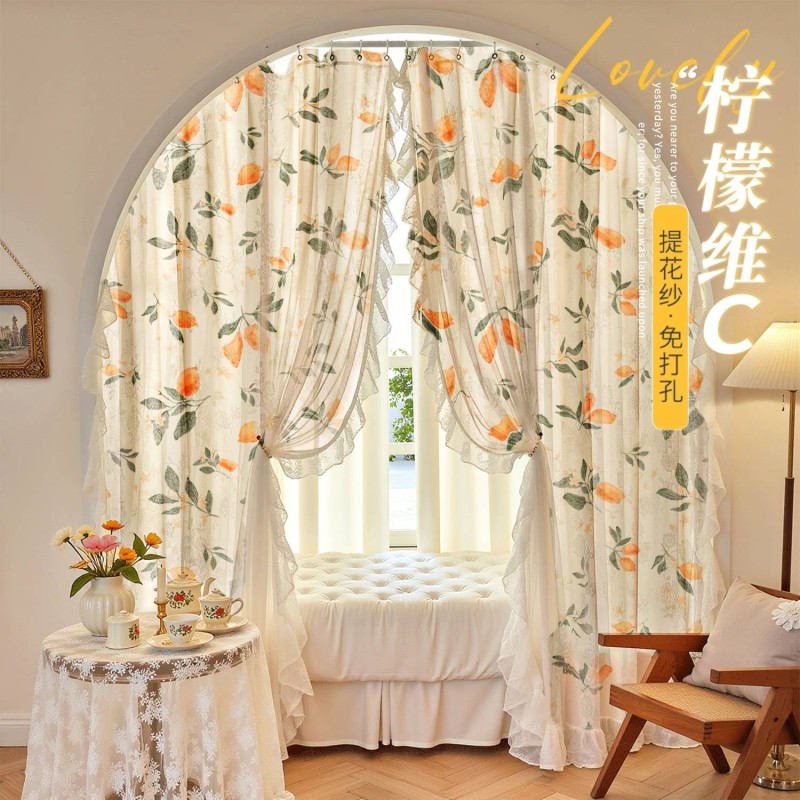 2025新款法式纱帘窗帘免打孔安装飘窗卧室客厅帘子遮光帘梦幻帘