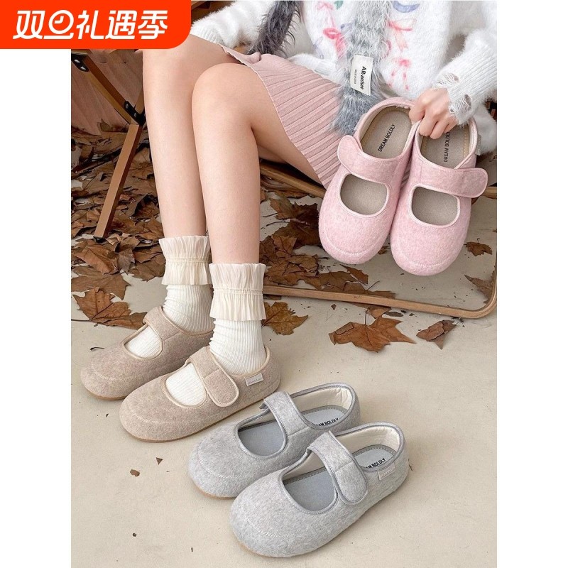 简约勃肯鞋2025新款大头灰色舒适玛丽珍魔术贴单鞋平底丑萌包头鞋