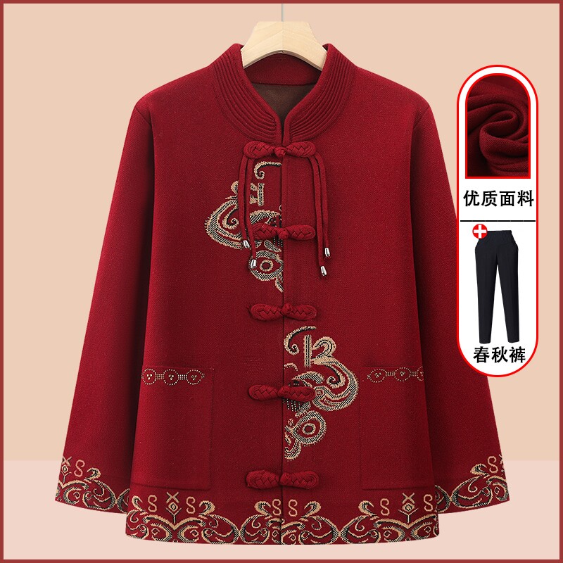 中老年人唐装外套女奶奶秋冬针织毛衣婚宴妈妈装开衫红色加绒长辈