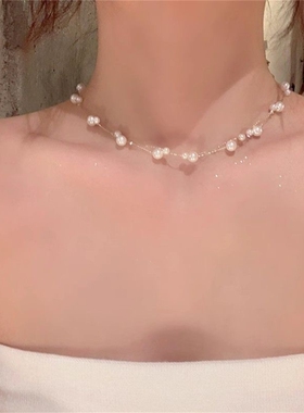 韩系双层珍珠满天星项链女高级感轻奢小众颈链配饰锁骨链choker