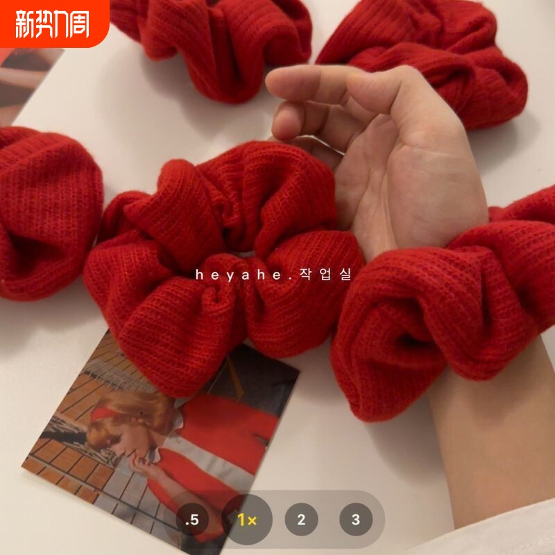 圣诞安可拉红气氛韩国ins红色毛线条纹大肠圈秋冬猪大肠发圈针织