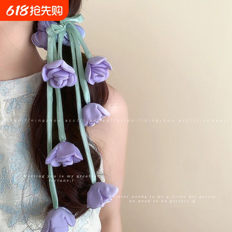2026新郁金香蝴蝶结飘带大肠发圈女橡皮筋扎头头绳发绳紫色蓝色