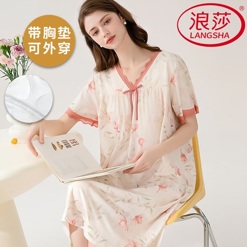 浪莎纯棉带胸垫睡裙女夏季可外穿图片