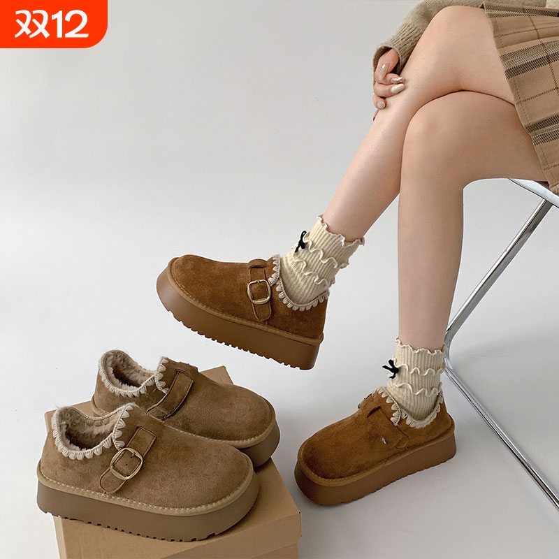 厚底勃肯鞋女2025新款秋冬加绒豆豆鞋保暖雪地靴一脚蹬懒人棉鞋子