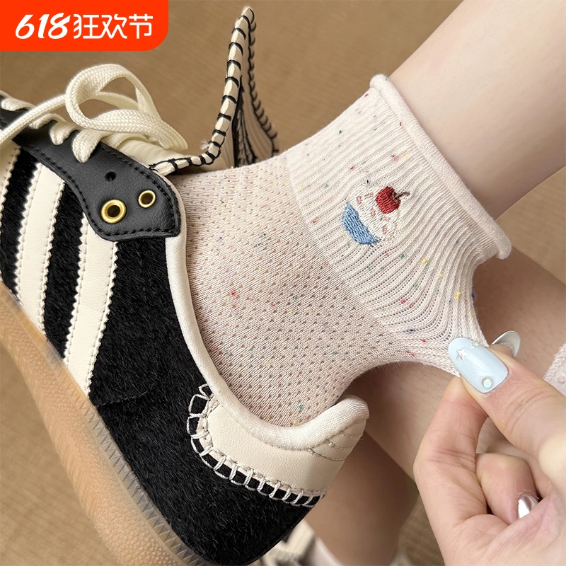 卷边袜子女2025新款ins潮夏薄款网眼纯棉中筒袜夏天卡通可爱短