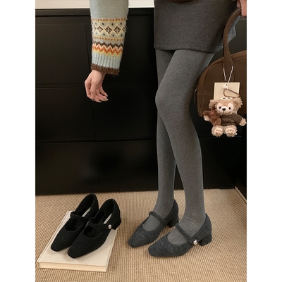呢子灰色粗跟单鞋女冬季款法式加绒晚晚高跟玛丽珍毛毛鞋内增高