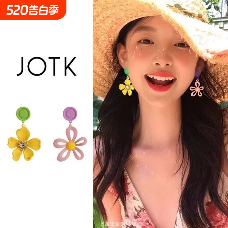撞色不对称花朵蚊香盘耳夹女无耳洞耳环小众田园度假风多巴胺耳饰