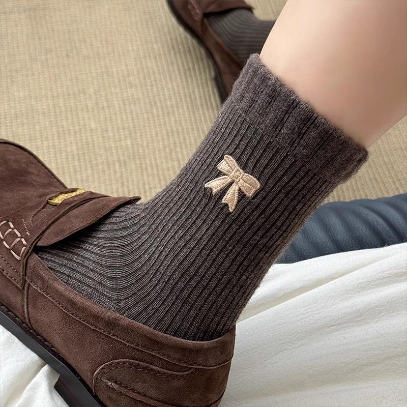 美拉德袜子女士春秋款中筒袜蝴蝶结长筒袜抗起球堆堆袜女秋冬季