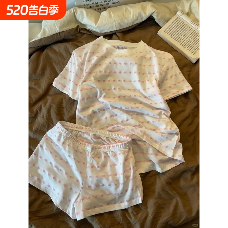 甜美温柔风爱心印花短袖睡衣女2026新款夏大码女生短裤家居服外穿