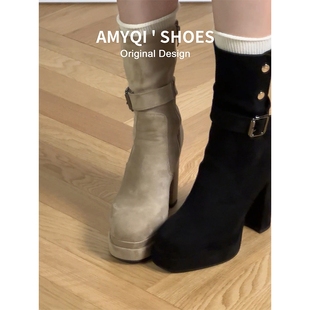 秋冬弹力瘦瘦靴绒面杏色中筒粗跟 显瘦防水台高跟短靴女2025新款