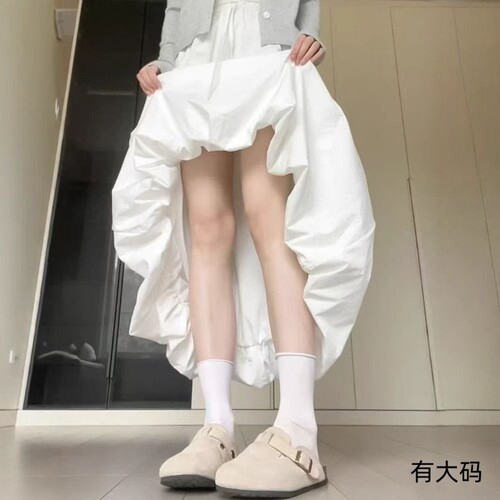 白色花苞半身裙女夏薄款冰丝云朵裙中长款高腰显瘦a字蓬蓬裙大码
