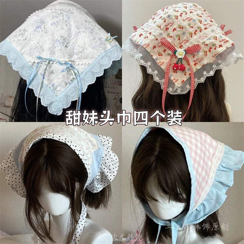 海盐味甜妹~奶蓝色格子爱心丝带头巾可爱发圈超仙小清新轻奢女