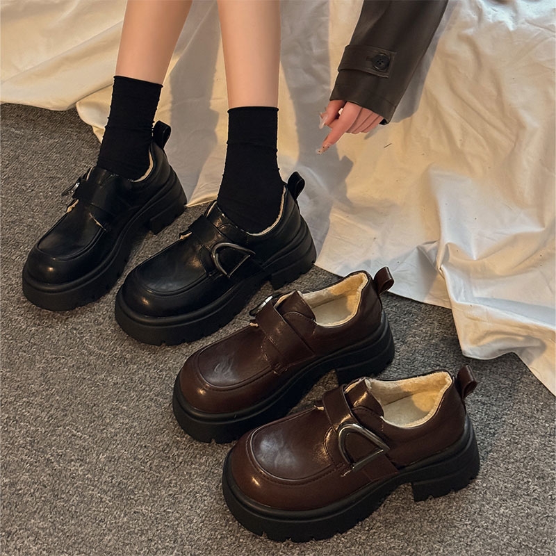 贾不假乐福鞋女2025新款秋冬季加绒百搭厚底增高英伦风舒适小皮鞋